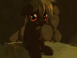 Size: 800x600 | Tagged: safe, artist:rangelost, derpibooru import, oc, oc:apple basket, unofficial characters only, earth pony, pony, cyoa:d20 pony, cave, colt, floppy ears, image, looking at you, male, outdoors, png, sitting, solo
