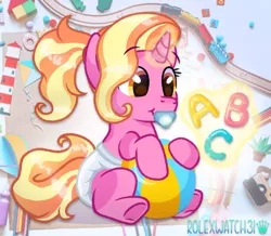 Size: 1729x1507 | Tagged: safe, artist:rolexwatch31, derpibooru import, luster dawn, pony, unicorn, the last problem, aura, awww, baby, baby luster dawn, ball, cute, diaper, eyebrows, eyebrows visible through hair, female, floating eyebrows, glowing horn, hair, horn, image, letter, levitation, magic, magic aura, multicolored hair, orange eyes, pacifier, pink body, png, ponytail, sitting, smiling, solo, telekinesis, underhoof, watermark, young, younger