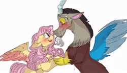 Size: 938x540 | Tagged: safe, artist:cocolove2176, derpibooru import, discord, fluttershy, draconequus, pegasus, pony, blushing, bust, discoshy, female, image, jpeg, male, mare, open mouth, shipping, simple background, smiling, straight, two toned wings, white background, wings