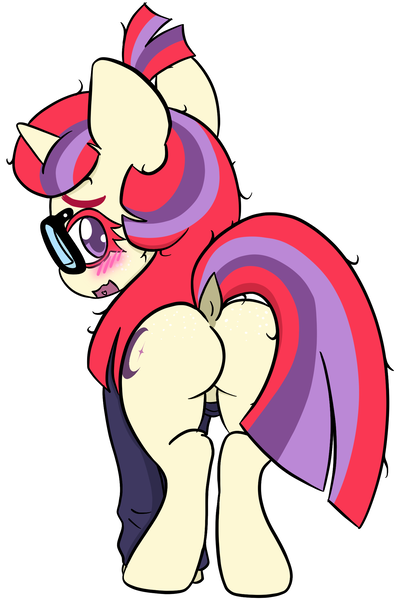 Size: 1437x2161 | Tagged: suggestive, artist:steelsoul, derpibooru import, moondancer, pony, unicorn, big eyebrows, blushing, butt, clothes, dock, glasses, image, looking at you, looking back, looking back at you, mooningdancer, open mouth, plot, png, rear view, sweater