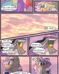 Size: 540x676 | Tagged: safe, artist:cocolove2176, derpibooru import, discord, fluttershy, draconequus, pegasus, pony, comic:fluttering chaos, blushing, bust, chest fluff, clothes, colored hooves, dialogue, dress, female, flying, gala dress, hat, image, jpeg, male, mare, offscreen character, outdoors, riding, suit