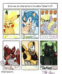Size: 429x512 | Tagged: safe, alternate version, artist:thaly-chan~, derpibooru import, derpy hooves, anthro, pegasus, pikachu, pony, six fanarts, animatronic, anthro with ponies, bust, crossover, eyepatch, eyes closed, female, five nights at freddy's, food, foxy, how to train your dragon, image, jpeg, male, mare, muffin, one eye closed, peace sign, pokémon, sonic the hedgehog, sonic the hedgehog (series), toothless the dragon, transformers, wings, wink