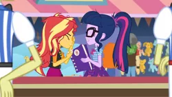 Size: 3410x1920 | Tagged: safe, derpibooru import, screencap, flam, flim, golden hazel, sandalwood, sci-twi, sunset shimmer, twilight sparkle, equestria girls, equestria girls series, rollercoaster of friendship, book, bowtie, clothes, cutie mark, cutie mark on clothes, eyes closed, female, flim flam brothers, geode of empathy, geode of telekinesis, glasses, image, jacket, jewelry, jpeg, leather, leather jacket, magical geodes, male, messy hair, necklace, ponytail