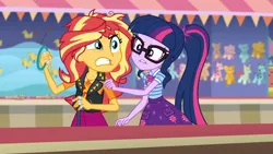 Size: 3410x1920 | Tagged: safe, derpibooru import, screencap, sci-twi, sunset shimmer, twilight sparkle, equestria girls, equestria girls series, rollercoaster of friendship, bowtie, clothes, cutie mark, cutie mark on clothes, duo, duo female, female, geode of empathy, geode of telekinesis, glasses, gritted teeth, image, jacket, jewelry, jpeg, leather, leather jacket, lip bite, magical geodes, messy hair, necklace, ponytail, rageset shimmer