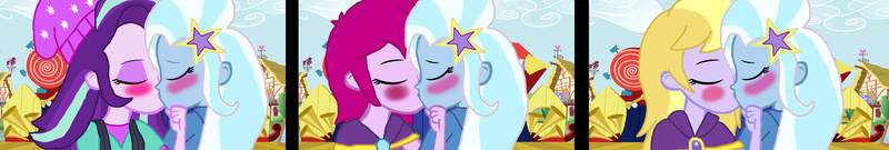 Size: 3404x574 | Tagged: safe, artist:bigpurplemuppet99, derpibooru import, fuchsia blush, lavender lace, starlight glimmer, trixie, equestria girls, blushing, female, image, jpeg, kissing, lesbian, shipping, startrix, trixie and the illusions