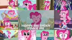 Size: 1280x718 | Tagged: safe, derpibooru import, edit, edited screencap, editor:quoterific, screencap, pinkie pie, earth pony, pony, a friend in deed, fall weather friends, father knows beast, inspiration manifestation, make new friends but keep discord, molt down, pinkie apple pie, she's all yak, sweet and elite, the crystalling, the mane attraction, the saddle row review, the ticket master, ^^, balloon, bipedal, bowl, breaking the fourth wall, confetti, cute, diapinkes, eyes closed, female, floppy ears, happy birthday, hot air balloon, image, looking at you, male, mare, nose in the air, open mouth, party cannon, pinkie being pinkie, pinkie pie day, png, smile song, smiling, solo, spoon, stallion, sugarcube corner, sweet apple acres, trotting, twilight's castle, twinkling balloon, volumetric mouth