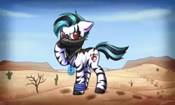 Size: 2392x1433 | Tagged: safe, artist:megabait, derpibooru import, oc, pony, zebra, bandana, desert, footprints, image, male, medallion, png, stallion