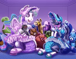 Size: 1017x786 | Tagged: suggestive, artist:randommutationromances, derpibooru import, princess celestia, princess luna, oc, oc:hatter, alicorn, bird, giraffe, parrot, pony, bonnet, bow, clothes, diaper, diaper fetish, dress, duo, duo female, ears, female, fetish, frilly dress, hoof shoes, horn, image, jpeg, multicolored hair, open mouth, open smile, playdate, plushie, ponytail, poofy diaper, royal sisters, siblings, sissy, sisters, sitting, smiling, socks, teddy bear