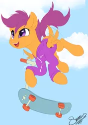 Size: 1237x1749 | Tagged: safe, artist:sketchiix3, derpibooru import, scootaloo, pegasus, pony, clothes, cloud, female, filly, hoodie, image, motion lines, open mouth, png, skateboard, skaterloo, skating, sky, solo