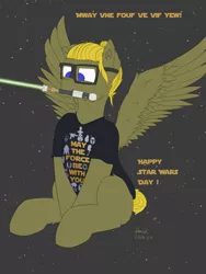 Size: 3000x4000 | Tagged: safe, artist:donnik, derpibooru import, oc, oc:donnik, pegasus, pony, clothes, glasses, image, lightsaber, may the fourth be with you, mouth hold, muffled words, png, shirt, sitting, solo, star wars, star wars day, weapon