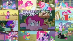 Size: 1280x721 | Tagged: safe, derpibooru import, edit, edited screencap, editor:quoterific, screencap, applejack, fluttershy, maud pie, pinkie pie, rainbow dash, rarity, spike, starlight glimmer, sunburst, twilight sparkle, twilight sparkle (alicorn), alicorn, donkey, dragon, earth pony, pegasus, pony, unicorn, a friend in deed, a trivial pursuit, horse play, applejack's hat, bipedal, cowboy hat, duo, duo female, female, floppy ears, glowing horn, hat, horn, image, kite, kite flying, magic, magic aura, male, mane five, mane seven, mane six, multiple heads, nose in the air, open mouth, png, shocked, standing, standing on one leg, three heads, trio, trio female, twilight is not amused, unamused, unicorn twilight