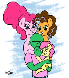 Size: 1828x2048 | Tagged: safe, artist:datzigga, derpibooru import, cheese sandwich, li'l cheese, pinkie pie, oc, oc:anon, earth pony, pony, the last problem, carrying, family photo, grumpy, image, older, older cheese sandwich, older pinkie pie, photo shoot, png