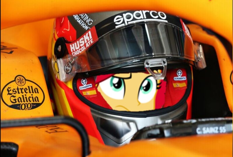 Size: 1920x1294 | Tagged: safe, derpibooru import, sunset shimmer, anthro, carlos sainz jr, eye, eyes, f1, f1 car, formula 1, halo, helmet, image, jpeg, mclaren, solo, thinking