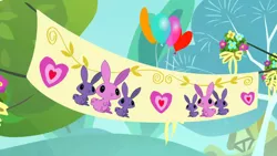 Size: 1280x720 | Tagged: safe, derpibooru import, screencap, rabbit, filli vanilli, animal, background, balloon, banner, heart, image, no pony, png, ponyville, scenic ponyville