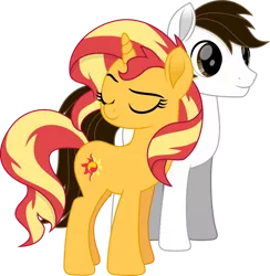 Size: 1280x1311 | Tagged: safe, artist:thatusualguy06, derpibooru import, sunset shimmer, oc, oc:andres vargas, pegasus, pony, unicorn, duo, eyes closed, female, image, male, mare, movie accurate, png, request, simple background, stallion, transparent background, vector