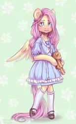 Size: 1540x2500 | Tagged: safe, artist:zefirka, derpibooru import, fluttershy, semi-anthro, clothes, cute, image, plushie, png, shoes, shyabetes, socks, stockings, teddy bear, thigh highs