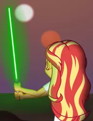 Size: 1024x1338 | Tagged: safe, artist:emeraldblast63, derpibooru import, sunset shimmer, equestria girls, crossover, image, jpeg, lightsaber, star wars, sunset, tatooine, weapon