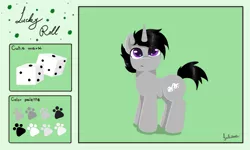 Size: 929x557 | Tagged: safe, artist:julie25609, derpibooru import, oc, oc:lucky roll, unofficial characters only, pony, unicorn, black mane, horn, image, male, png, reference sheet, solo, solo male, unicorn oc