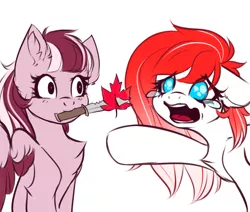 Size: 2600x2200 | Tagged: safe, artist:falafeljake, derpibooru import, oc, oc:dusty ember, oc:making amends, earth pony, pony, crying, image, jpeg, knife, leaf, open mouth, raised hoof, stabbed