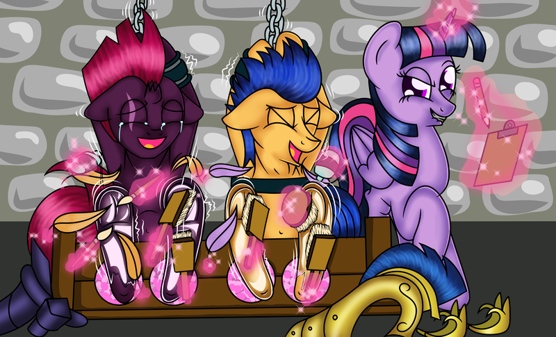 Size: 3300x2000 | Tagged: suggestive, artist:deadwire765, derpibooru import, fizzlepop berrytwist, flash sentry, tempest shadow, twilight sparkle, twilight sparkle (alicorn), alicorn, pegasus, pony, armor, bedroom eyes, bisexual, bondage, brush, chains, clipboard, crying, cuffs, erotic tickling, eye scar, eyes closed, feather, female, femdom, femsub, fetish, flashlight, frog (hoof), glowing horn, grin, guard, helmet, hoof fetish, hoof shoes, hoof tickling, horn, image, laughing, lesbian, levitation, lip bite, lotion, lotion bottle, magic, male, malesub, mare, oil, open mouth, paintbrush, pencil, png, polyamory, raised hoof, scar, shipping, smiling, stallion, stocks, straight, submissive, tears of laughter, telekinesis, tempestflashlight, tempestlight, tickle fetish, tickle torture, tickling, underhoof, wall of tags