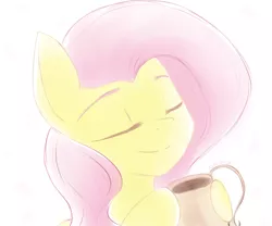 Size: 1200x1000 | Tagged: safe, artist:maravor, derpibooru import, fluttershy, pony, bust, cup, cute, drink, eyes closed, female, food, hoof hold, image, mare, png, portrait, shyabetes, simple background, solo, tea, teacup, white background