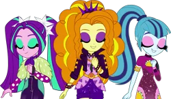 Size: 4475x2604 | Tagged: safe, artist:zoe-975, derpibooru import, edit, vector edit, adagio dazzle, aria blaze, sonata dusk, equestria girls, equestria girls series, find the magic, spoiler:eqg series (season 2), absurd resolution, clothes, eyes closed, eyeshadow, image, jacket, makeup, png, simple background, smiling, taco dress, the dazzlings, the dazzlings have returned, transparent background, trio, vector