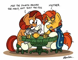 Size: 1024x793 | Tagged: safe, artist:bobthedalek, derpibooru import, stellar flare, sunburst, pony, unicorn, cup, facehoof, facial hair, female, glasses, goatee, image, jpeg, male, may the fourth be with you, mother and child, mother and son, mothers gonna mother, newspaper, star trek, star wars, stool, table, teacup, teapot, unamused