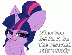 Size: 2827x2150 | Tagged: safe, artist:pegamutt, derpibooru import, twilight sparkle, pony, unicorn, alternate hairstyle, hair bun, image, jpeg, looking at you, purple smart, raspberry, smiling, smug, solo, tongue out