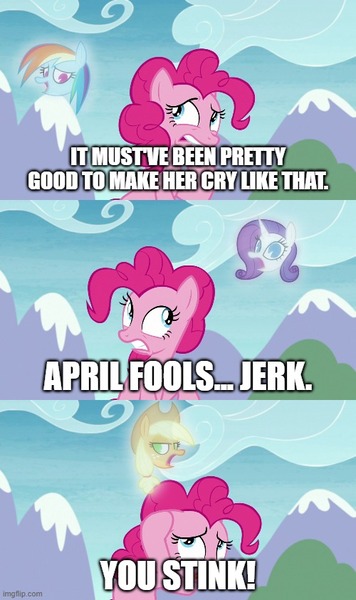 Size: 500x843 | Tagged: safe, derpibooru import, edit, edited screencap, screencap, applejack, pinkie pie, rainbow dash, rarity, earth pony, pegasus, pony, unicorn, the maud couple, applejack's hat, caption, cowboy hat, floating head, fools in april, hallucination, hat, image, image macro, imgflip, implied fluttershy, jpeg, meme, spongebob squarepants, teeth, text