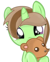 Size: 1080x1351 | Tagged: safe, artist:grapefruit-face, derpibooru import, oc, oc:limey lulamoon, pony, unicorn, female, filly, hug, image, looking at you, parents:grapexie, png, simple background, solo, teddy bear, transparent background