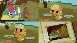 Size: 1280x720 | Tagged: safe, derpibooru import, edit, edited screencap, editor:quoterific, screencap, apple split, applejack, earth pony, pony, apple family reunion, ^^, apple family member, apple fritter (food), baby, baby pony, babyjack, cute, diaper, eyes closed, female, foal, food, hnnng, image, jackabetes, jpeg, male, mare, open mouth, smiling, stallion, weapons-grade cute, younger