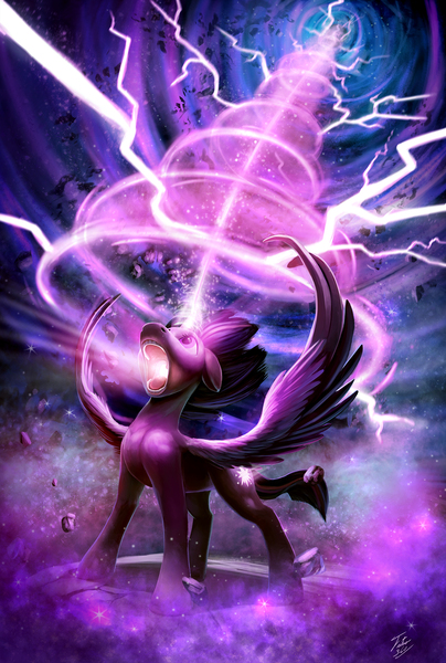 Size: 1345x2000 | Tagged: safe, artist:tsitra360, derpibooru import, twilight sparkle, twilight sparkle (alicorn), alicorn, pony, apotheosis, badass, epic, female, floppy ears, glowing eyes, image, jpeg, lightning, magic, magic overload, mare, oblivion, open mouth, remastered, rework, shoop da whoop, solo, spread wings, surreal, the elder scrolls, vortex, wings