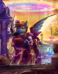 Size: 1556x2000 | Tagged: safe, artist:tsitra360, derpibooru import, rainbow dash, pegasus, pony, armor, commission, crossover, electricity, female, image, jpeg, mare, purple eyes, scenery, solo, video game crossover, warhammer (game), warhammer 40k