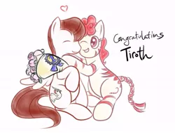 Size: 603x460 | Tagged: artist needed, safe, derpibooru import, oc, oc:rampage, oc:tiroth, unofficial characters only, bird, chicken, earth pony, pegasus, fallout equestria, fallout equestria: project horizons, braided tail, candy, candy cane, competition, congratulations, curly mane, cute, earth pony oc, eyes closed, fanfic art, female, flower, food, heart, hug, image, jpeg, knife, male, ocbetes, one eye covered, pegasus oc, ribbon, rose, ruffled wing, side hug, simple background, smiling, white background, wings, winner, writer