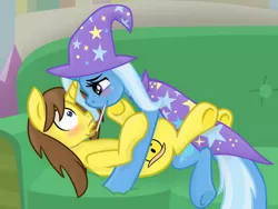 Size: 1080x811 | Tagged: safe, artist:grapefruit-face, derpibooru import, trixie, oc, oc:grapefruit face, pony, bedroom eyes, blushing, canon x oc, cape, clothes, couch, duo, female, food, grapexie, hat, image, male, pinned down, png, pocky, pocky game, shipping, shocked, straight, trixie's cape, trixie's hat