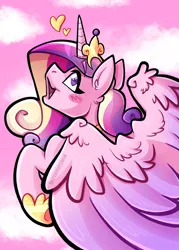 Size: 1500x2100 | Tagged: safe, artist:shyshyoctavia, derpibooru import, princess cadance, alicorn, pony, blush sticker, blushing, cloud, cute, cutedance, ear fluff, female, flying, heart, heart eyes, image, jpeg, mare, open mouth, profile, sky, solo, spread wings, wingding eyes, wings