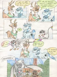 Size: 1624x2181 | Tagged: safe, artist:cindertale, derpibooru import, oc, oc:cinder, oc:lightning bliss, unofficial characters only, alicorn, bat pony, deer, imp, pony, reindeer, alicorn oc, antlers, bat pony oc, bat wings, bench, chest fluff, clothes, comic, confused, deer oc, dialogue, female, horn, image, jpeg, male, mare, multicolored hair, rainbow hair, scarf, stallion, sunglasses, traditional art, wings
