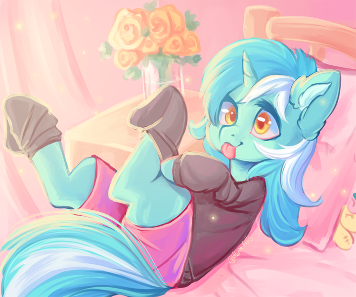 Size: 1080x900 | Tagged: safe, artist:valeria_fills, derpibooru import, lyra heartstrings, pony, unicorn, :p, bed, bedroom, clothes, digital art, female, hooves, horn, image, laying on bed, lying down, mare, on bed, png, shirt, shorts, socks, solo, tail, tongue out