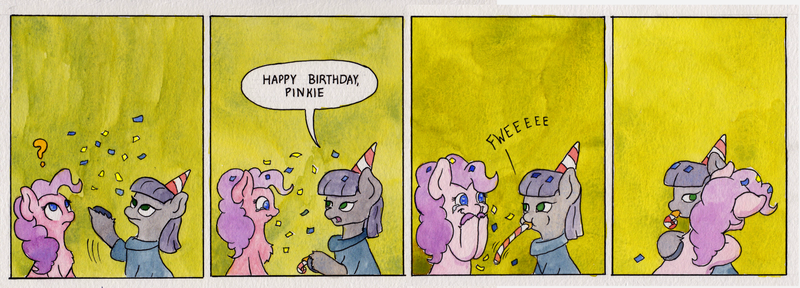 Size: 2200x791 | Tagged: safe, artist:lost marbles, derpibooru import, maud pie, pinkie pie, earth pony, pony, birthday, comic, confetti, crying, dialogue, female, females only, happy, hat, hug, image, noisemaker, party hat, pie sisters, png, siblings, sisters, tears of joy, traditional art, watercolors