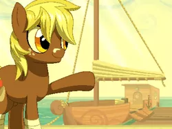 Size: 800x600 | Tagged: safe, artist:rangelost, derpibooru import, oc, oc:apple basket, unofficial characters only, earth pony, pony, cyoa:d20 pony, bandage, cloud, colt, crepuscular rays, freckles, image, male, ocean, outdoors, pier, png, sky, solo, standing, yacht