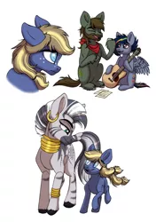 Size: 750x1064 | Tagged: safe, artist:celestial-rainstorm, derpibooru import, zecora, oc, oc:ash bark, oc:jetstream, oc:juniper berry, earth pony, pegasus, pony, zebra, colt, guitar, image, jpeg, male, musical instrument, offspring, parent:applejack, parent:oc:ash bark, parent:rainbow dash, parent:soarin', parents:canon x oc, parents:soarindash, stallion