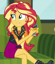 Size: 415x484 | Tagged: safe, derpibooru import, screencap, sunset shimmer, equestria girls, equestria girls series, text support, cropped, image, png, solo