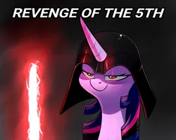 Size: 1280x1024 | Tagged: safe, artist:underpable, derpibooru import, edit, twilight sparkle, twilight sparkle (alicorn), alicorn, pony, darth vader, evil, female, image, lightsaber, may the fourth be with you, png, pun, revenge of the sith, sassy, sith, slit eyes, snake eyes, solo, star wars, text, twilight is anakin, weapon
