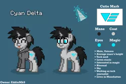 Size: 3150x2100 | Tagged: safe, artist:eddiemk9, derpibooru import, oc, oc:cyan delta, unofficial characters only, pony, unicorn, pony town, :p, blue background, clothes, cute, cutie mark, headphones, hoodie, image, male, original character do not steal, png, reference sheet, simple background, smiling, stallion, tongue out