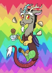 Size: 1500x2100 | Tagged: safe, artist:dawn-designs-art, derpibooru import, discord, draconequus, abstract background, cucumber, cucumber sandwiches, cup, cute, digital art, floating, food, image, png, rainbow, sandwich, solo, tea, teacup