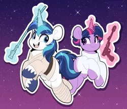 Size: 3662x3148 | Tagged: safe, artist:partylikeanartist, derpibooru import, shining armor, twilight sparkle, pony, unicorn, belt, blaster, brother and sister, clothes, cosplay, costume, female, gun, hair bun, image, levitation, lightsaber, looking at each other, luke skywalker, magic, male, may the fourth be with you, open mouth, open smile, png, princess leia, siblings, smiling, space, star wars, sweat, sweatdrop, telekinesis, unicorn twilight, unshorn fetlocks, weapon