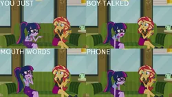 Size: 1280x720 | Tagged: safe, derpibooru import, edit, edited screencap, editor:quoterific, screencap, sci-twi, sunset shimmer, twilight sparkle, equestria girls, equestria girls series, text support, bowtie, clothes, cutie mark, cutie mark on clothes, duo, duo female, female, geode of empathy, geode of telekinesis, glasses, image, jacket, jewelry, leather, leather jacket, magical geodes, necklace, open mouth, png, ponytail, text support: sunset shimmer