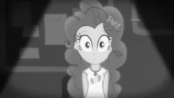 Size: 3410x1920 | Tagged: safe, derpibooru import, screencap, pinkie pie, equestria girls, equestria girls series, rarity investigates: the case of the bedazzled boot, black and white, clothes, cutie mark, cutie mark on clothes, female, geode of sugar bombs, grayscale, image, jewelry, jpeg, magical geodes, monochrome, necklace, rarity investigates (eqg): pinkie pie, solo, tanktop