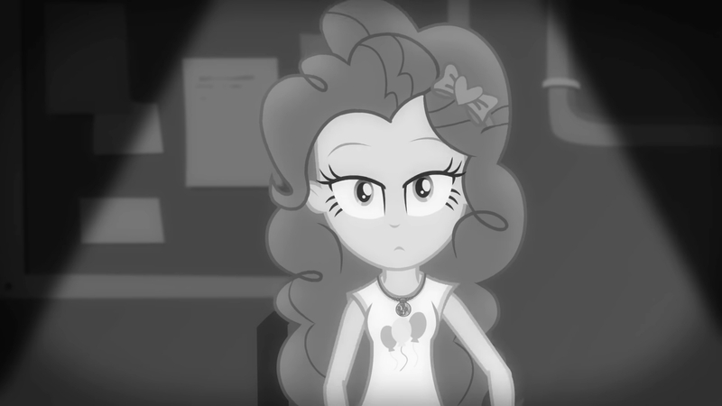 Size: 3410x1920 | Tagged: safe, derpibooru import, screencap, pinkie pie, equestria girls, equestria girls series, rarity investigates: the case of the bedazzled boot, black and white, clothes, cutie mark, cutie mark on clothes, female, geode of sugar bombs, grayscale, image, jewelry, jpeg, lidded eyes, magical geodes, monochrome, necklace, rarity investigates (eqg): pinkie pie, solo, tanktop
