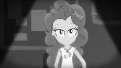 Size: 3410x1920 | Tagged: safe, derpibooru import, screencap, pinkie pie, equestria girls, equestria girls series, rarity investigates: the case of the bedazzled boot, black and white, clothes, cutie mark, cutie mark on clothes, female, geode of sugar bombs, grayscale, image, jewelry, jpeg, lidded eyes, magical geodes, monochrome, necklace, rarity investigates (eqg): pinkie pie, solo, tanktop